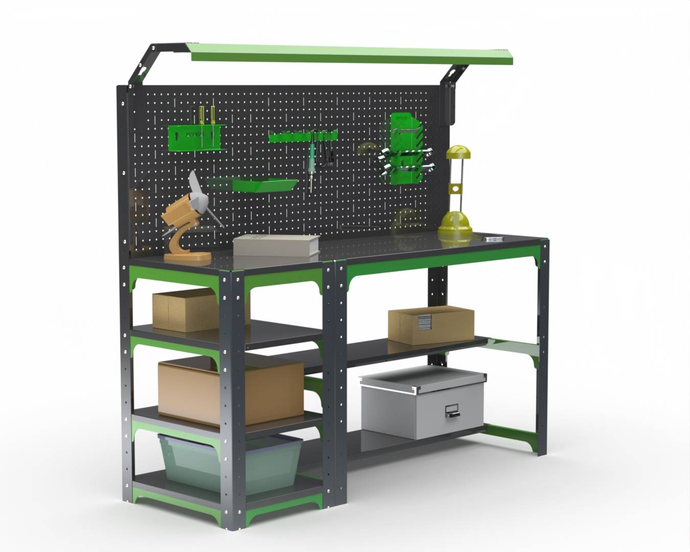 Стол металлический Metalex серия KIT 750х1600х600 (с бок. полками, перфопанелью и комплектом освещения) (серо-зеленый)