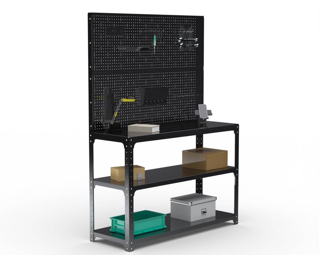 Стол-верстак Metalex серия KIT 950х1800х600 (две полки) + двойная перфопанель с комплектом аксессуаров (черный)