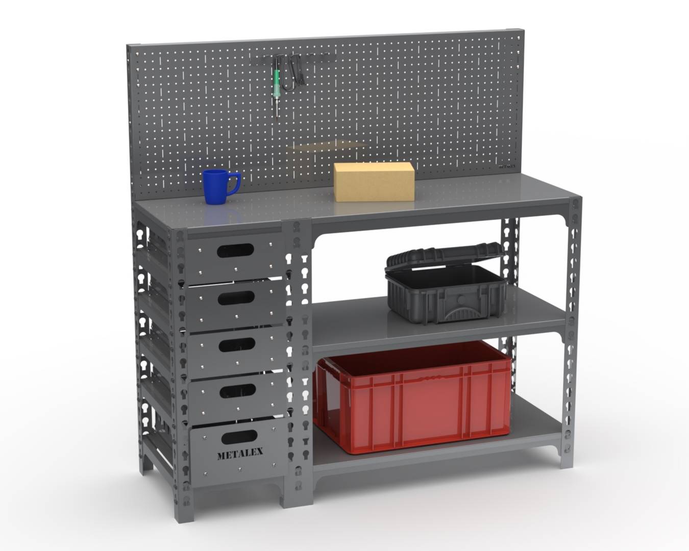 Стол-верстак Metalex c одной тумбой 950х1600х600 + перфопанель с комплектом аксессуаров (серый)