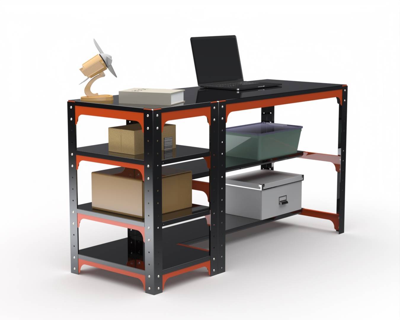 Стол металлический Metalex серия KIT 750х1600х600 с боковыми полками (оранжево-черный)